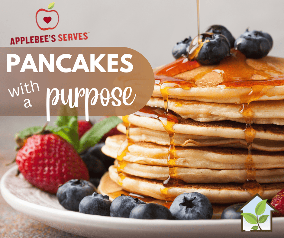 Pancakes with a Purpose header, a stack of pancakes with the words Applebee's serves Pancakes with a purpose